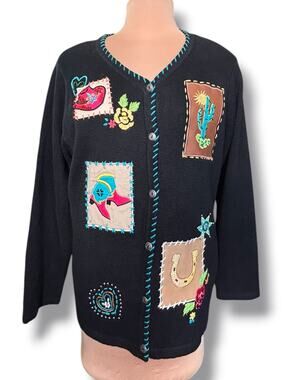 Western Patchwork Cardigan Cowboy Boot Cactus Horseshoe Ranch Boho Cowgirl Knit